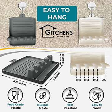 Gitchens Premium Utensil And Spoon Rest with Deep Drip Pad And Pot Lid Holder | Utensils And Spoons Cooking Stand for a Clean Grill, Stove And Kitchen | 2 Pack with Hanging Hooks (White and Grey)
