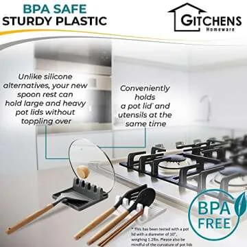 Gitchens Premium Utensil And Spoon Rest with Deep Drip Pad And Pot Lid Holder | Utensils And Spoons Cooking Stand for a Clean Grill, Stove And Kitchen | 2 Pack with Hanging Hooks (White and Grey)