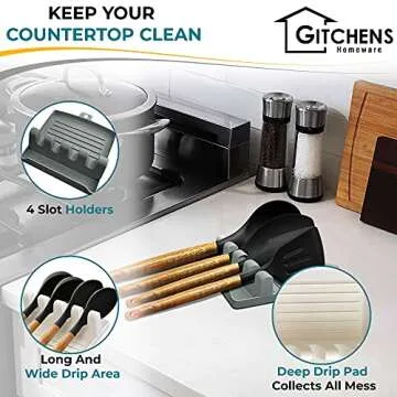 Gitchens Premium Utensil And Spoon Rest with Deep Drip Pad And Pot Lid Holder | Utensils And Spoons Cooking Stand for a Clean Grill, Stove And Kitchen | 2 Pack with Hanging Hooks (White and Grey)