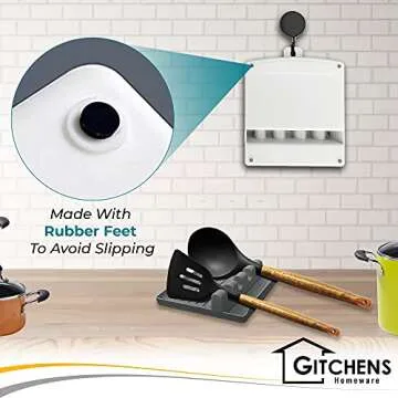 Gitchens Premium Utensil And Spoon Rest with Deep Drip Pad And Pot Lid Holder | Utensils And Spoons Cooking Stand for a Clean Grill, Stove And Kitchen | 2 Pack with Hanging Hooks (White and Grey)