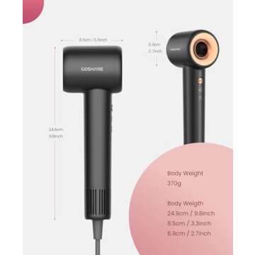 COSHARE Hair Dryer, Negative Ionic Blow Dryer with Essence Ring - Low Noise Thermo-Control Hairdryer for Fast Drying High Speed, Travel Hair Dryers for Women, Care Hair Dryer (Black)