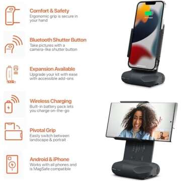 ShiftCam ProGrip Starter Kit - DSLR Style Mobile Battery Grip - Wireless Shutter Button - Built in Powerbank - Qi Wireless Charging - Freestanding Dock - Tripod Mount - Android and iPhone Camera Grip