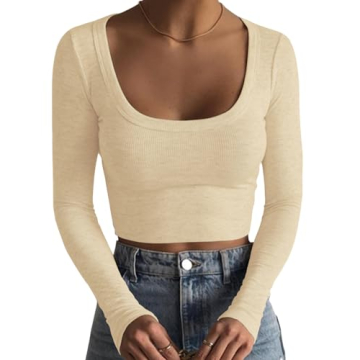 Artfish Women's Square Neck Long Sleeve Ribbed Crop Top - Beige Tan, Size S