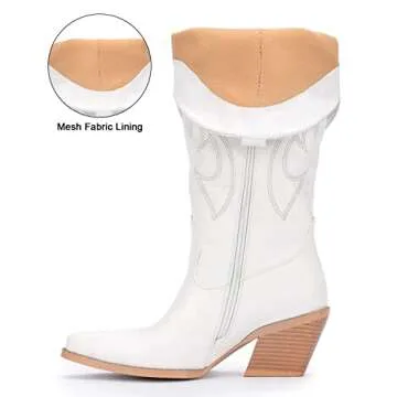 Pasuot White Cowboy Boots for Women - Stylish Wide Calf