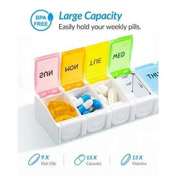 ZIKEE Weekly Pill Organizer Arthritis Friendly, BPA Free Travel 7 Day Pill Box with Spring Loaded Design, Pill Case with Large Compartment to Hold Vitamins, Cod Liver Oil, Supplements and Medication