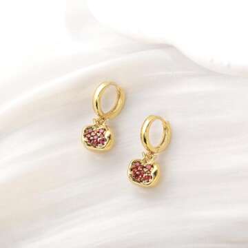 ZEBRAGO Premium Cubic Zirconia Inlay Red Pomegranate Pendant 18k Gold Plated Stainless Steel Hoop Ea...