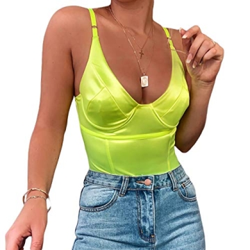 Velius Women's Sexy Deep V Neck Shiny Thong Bodysuit with Underwire in Neon Green