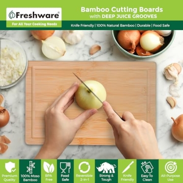 Freshware Wood Cutting Boards for Kitchen - Bamboo Cutting Board Set of 3, Cutting Boards with Juice...