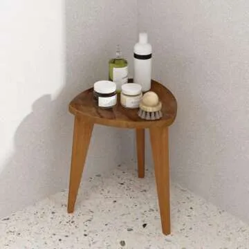 JOLLYMER Teak Shower Stool and Foot Rest, Solid Wood Stool Near Bathtub, Small Stool, Plant Stool for Living Room, Bathroom, Bedroom