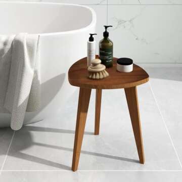 JOLLYMER Teak Shower Stool and Foot Rest, Solid Wood Stool Near Bathtub, Small Stool, Plant Stool for Living Room, Bathroom, Bedroom
