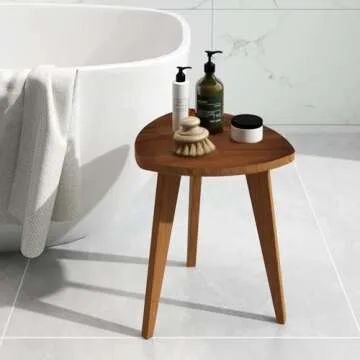 JOLLYMER Teak Shower Stool and Foot Rest, Solid Wood Stool Near Bathtub, Small Stool, Plant Stool for Living Room, Bathroom, Bedroom