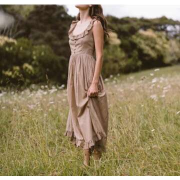 R.Vivimos Womens Summer Cotton Sleeveless Midi Dresses Vintage Lace Trim Button Up Tie Waist Casual A-Line Flowy Long Dresses (Large, Khaki)