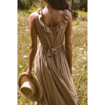 R.Vivimos Womens Summer Cotton Sleeveless Midi Dresses Vintage Lace Trim Button Up Tie Waist Casual A-Line Flowy Long Dresses (Large, Khaki)