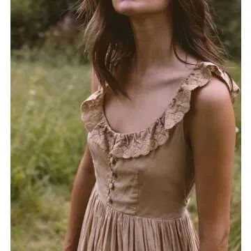 R.Vivimos Womens Summer Cotton Sleeveless Midi Dresses Vintage Lace Trim Button Up Tie Waist Casual A-Line Flowy Long Dresses (Large, Khaki)