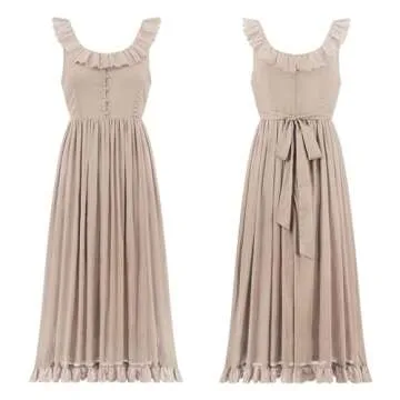 R.Vivimos Womens Summer Cotton Sleeveless Midi Dresses Vintage Lace Trim Button Up Tie Waist Casual A-Line Flowy Long Dresses (Large, Khaki)