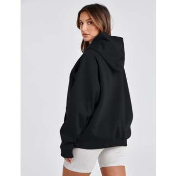 Lauweion Women Solid Basic Fleece Letter Loose Hoodie Sweatshirt Long Sleeve Kangaroo Pocket Drop Shoulder Pullovers Top Black