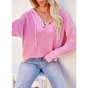 Acelitt Women's Ladies Fashion 2022 Casual Fall Winter Long Sleeve V Neck Solid Knit Henley Hoodies Sweatshirts Pink Medium