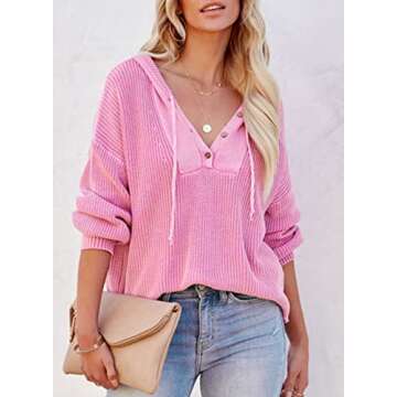 Acelitt Women's Ladies Fashion 2022 Casual Fall Winter Long Sleeve V Neck Solid Knit Henley Hoodies Sweatshirts Pink Medium