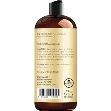 Handcraft Blends USDA Organic Sunflower Oil - Cold-Pressed 16 Fl Oz - 100% Pure and Natural - Premium Grade Carrier Oil for Skin and Hair - Hair and Body - Massage - Hexane-Free