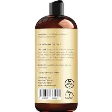 Handcraft Blends USDA Organic Sunflower Oil - Cold-Pressed 16 Fl Oz - 100% Pure and Natural - Premium Grade Carrier Oil for Skin and Hair - Hair and Body - Massage - Hexane-Free