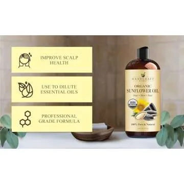 Handcraft Blends USDA Organic Sunflower Oil - Cold-Pressed 16 Fl Oz - 100% Pure and Natural - Premium Grade Carrier Oil for Skin and Hair - Hair and Body - Massage - Hexane-Free