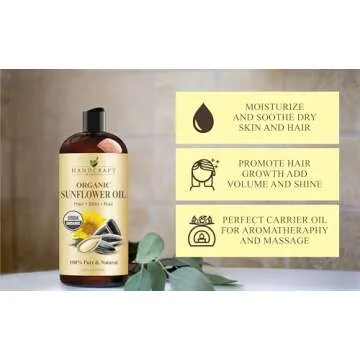 Handcraft Blends USDA Organic Sunflower Oil - Cold-Pressed 16 Fl Oz - 100% Pure and Natural - Premium Grade Carrier Oil for Skin and Hair - Hair and Body - Massage - Hexane-Free