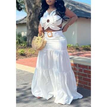 LROSEY Women's 2 Piece Sexy Outfits Summer Flower Shape Sleeveless Crop Top Ruched Ruffle Maxi Skirt Set for Party Club Night White