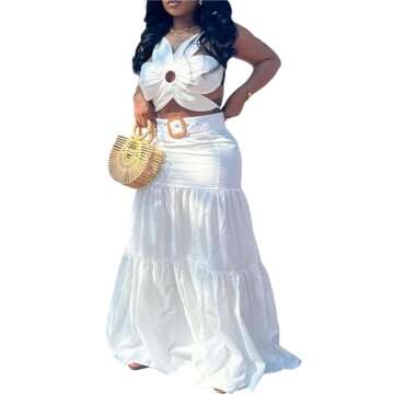 LROSEY Women's 2 Piece Sexy Outfits Summer Flower Shape Sleeveless Crop Top Ruched Ruffle Maxi Skirt Set for Party Club Night White