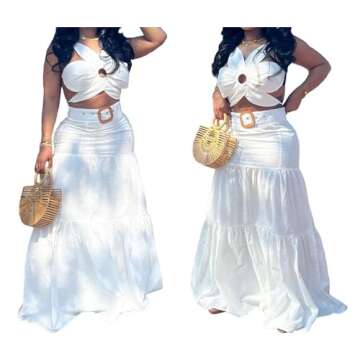 LROSEY Women's 2 Piece Sexy Outfits Summer Flower Shape Sleeveless Crop Top Ruched Ruffle Maxi Skirt Set for Party Club Night White