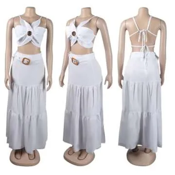 LROSEY Women's 2 Piece Sexy Outfits Summer Flower Shape Sleeveless Crop Top Ruched Ruffle Maxi Skirt Set for Party Club Night White