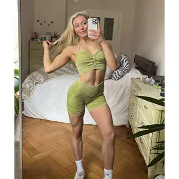 ABOCIW Seamless Workout Sets Women 2 Piece Ribbed Sweetheart Neck Exercise Yoga Sport Bra Ruched Butt Lifting High Waist Booty Shorts Outfits Gym Clothes Sets Olive Green X-Large