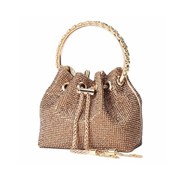 DJBM Women's Full Diamonds Bucket Handbag - Sparkling Gold Rhinestone Clutch for Elegant Evenings