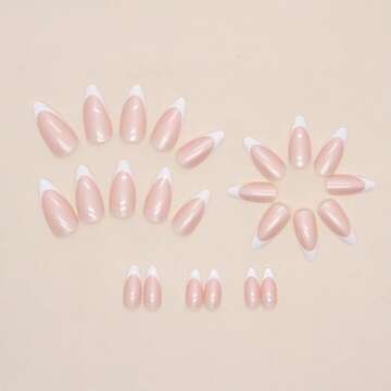 French Tip Press on Nails Medium Almond Fake Nails Press ons with Designs Chrome False Nails Long Glossy Full Cover Glue on Nails Cute Acrylic Stick on Nails for Women Nails Manicure Decoration 24Pcs