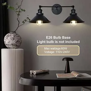PUUPA 2 Lights Bathroom Vanity Light Fixture, Industrial Pipe Vintage Matte Black Metal Shade Farmhouse Wall Sconces Lighting