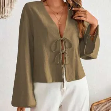 Vilalatfan Tie Front Tops for Women Deep V Neck Elegant Bow Lace Up Shirts Long Sleeve Tie Front Top Femlae Top 2024 Cute Summer Tops Tie Front Blouses for Women