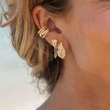 MYEARS Women Evil Eye Earrings Gold Stud Chain Ear Connected Diamond Cubic Zirconia 14K Gold Filled Small Simple Handmade Hypoallergenic Everyday Protection Jewelry