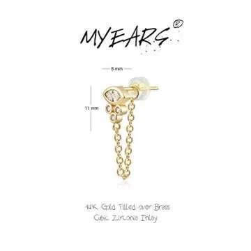 MYEARS Women Evil Eye Earrings Gold Stud Chain Ear Connected Diamond Cubic Zirconia 14K Gold Filled Small Simple Handmade Hypoallergenic Everyday Protection Jewelry