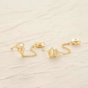 MYEARS Women Evil Eye Earrings Gold Stud Chain Ear Connected Diamond Cubic Zirconia 14K Gold Filled Small Simple Handmade Hypoallergenic Everyday Protection Jewelry