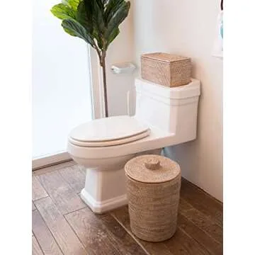 Kouboo La Jolla Rattan Round Plastic Insert & Lid, Dorm Waste Basket, Bedroom, Living Room, Bathroom Basket for Dry Organic, Home Decor, Large White-Wash