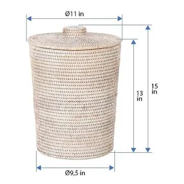 Kouboo La Jolla Rattan Round Plastic Insert & Lid, Dorm Waste Basket, Bedroom, Living Room, Bathroom Basket for Dry Organic, Home Decor, Large White-Wash