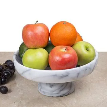 Creative Home Natural Marble Bowl on Pedestal Fruit Storage Basket Stand, 10" Diam. x 4-1/2" H, Off-White (patterns may vary)