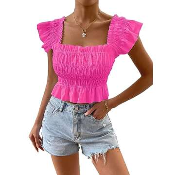 Floerns Women's Square Neck Ruched Bust Ruffle Hem Cap Sleeve Crop Blouse Top Hot Pink Large