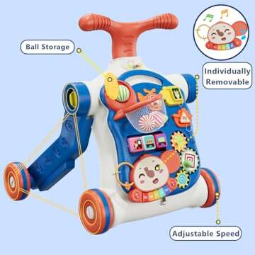 HYES 5 in 1 Baby Push Walker for Baby Boy, Activity Center Learning to Walk, Sit to Stand, Early Learning Push Toys for Infant 12 Months, Walking Toys Gift for Toddler Boys, Blue