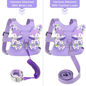 Accmor Toddler Harness Leash + Anti Lost Wrist Link, Kids Butterfly Harnesses With Children Leashes, Cute Baby Leash Walking Assistant Wristband Strap Tether for Girls Outdoor (Purple)