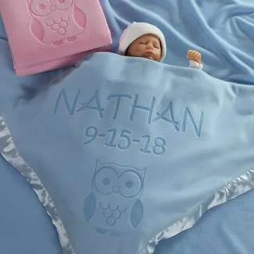 Personalized Owl Baby Blanket Gift for Boys - Custom Text