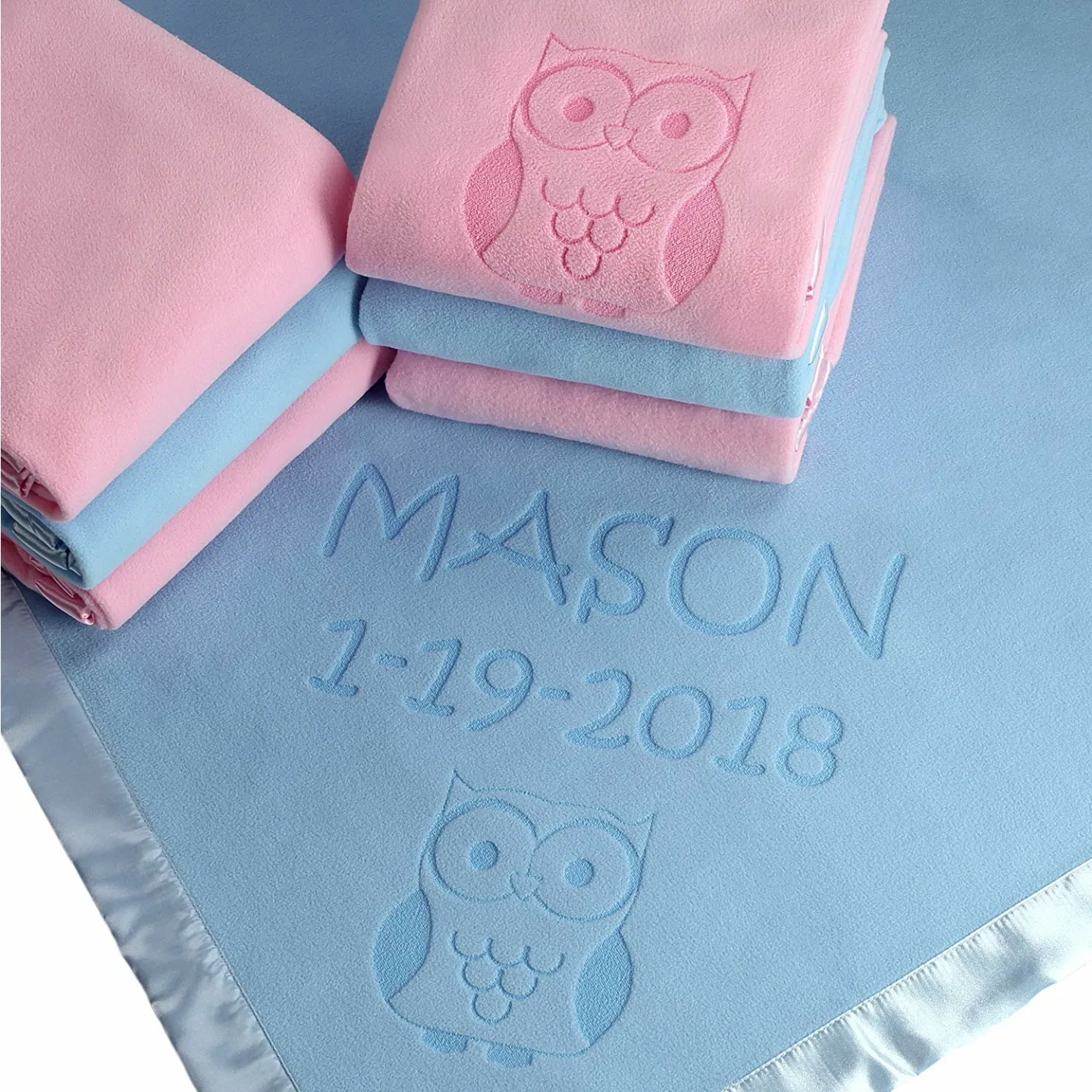 Personalized Owl Baby Blanket Gift for Boys - Custom Text