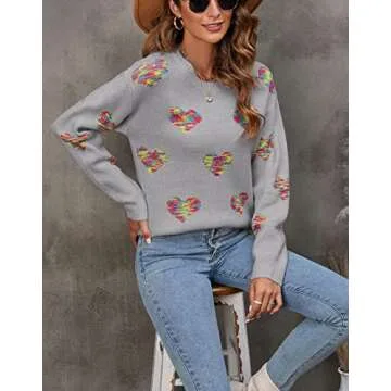 Drvitor Cute Heart Sweaters for Women Long Sleeve Crew Neck Casual Sweater Fashion Ribbing Knitted Pullover (37 Grey,Small)