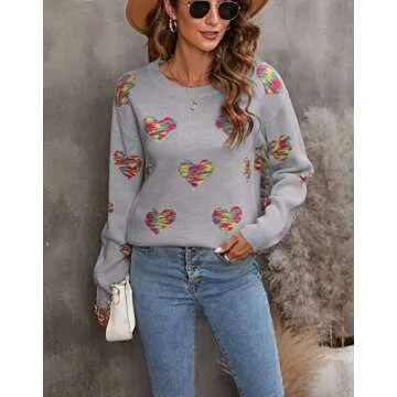 Drvitor Cute Heart Sweaters for Women Long Sleeve Crew Neck Casual Sweater Fashion Ribbing Knitted Pullover (37 Grey,Small)