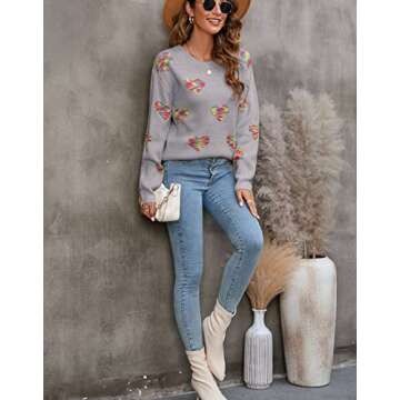 Drvitor Cute Heart Sweaters for Women Long Sleeve Crew Neck Casual Sweater Fashion Ribbing Knitted Pullover (37 Grey,Small)