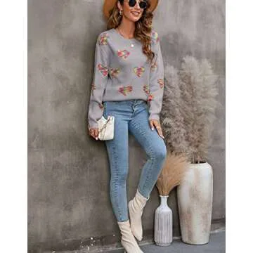 Drvitor Cute Heart Sweaters for Women Long Sleeve Crew Neck Casual Sweater Fashion Ribbing Knitted Pullover (37 Grey,Small)